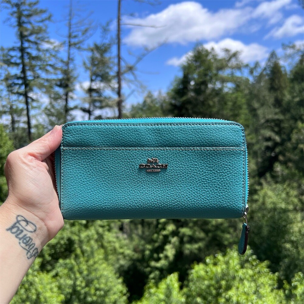 COACH Long Zip-Around Teal Blue Pebble Leather Wallet Silver Hardware AUTHENTIC